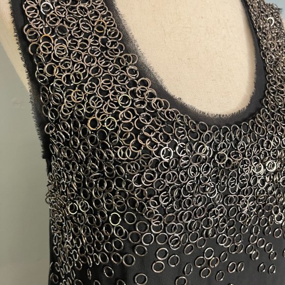 Elie Tahari Sleeveless Black Shift Dress Metal Ring Circles Sz M Silk Short - Picture 5 of 9